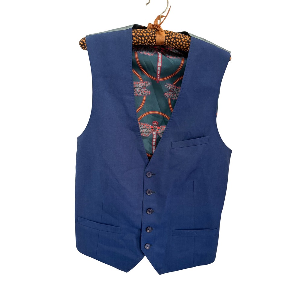 Ted Baker London Mens Navy Blue Wool Vest Dragonfly Print Lining Modern Fit 38R - Picture 1 of 6